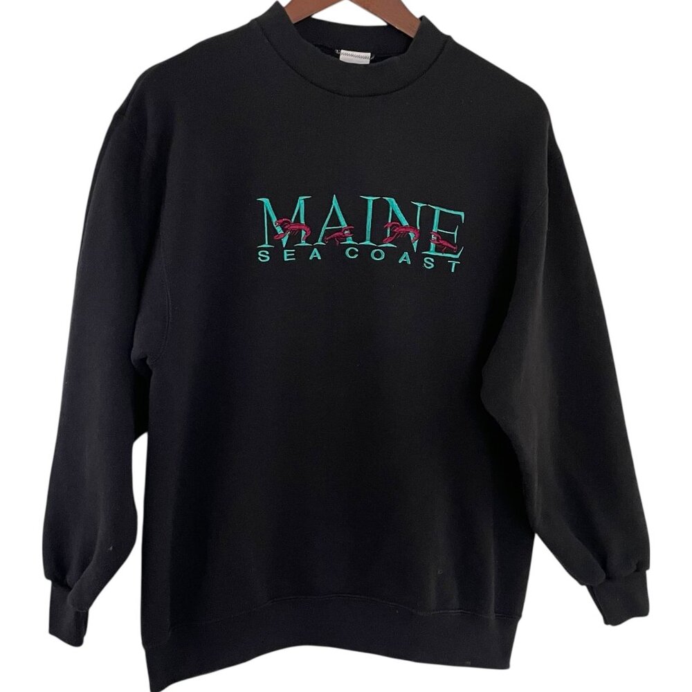 Vintage 90s Maine Seacoast Sweatshirt Large Black Crewneck Embroidered Lobsters